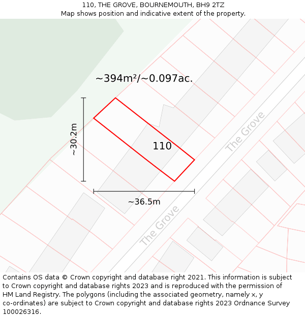 110, THE GROVE, BOURNEMOUTH, BH9 2TZ: Plot and title map