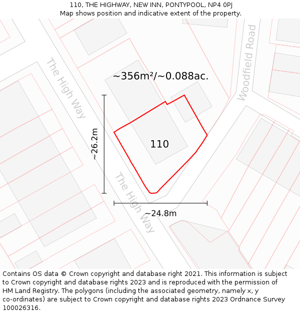 110, THE HIGHWAY, NEW INN, PONTYPOOL, NP4 0PJ: Plot and title map
