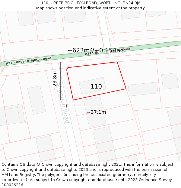 110, UPPER BRIGHTON ROAD, WORTHING, BN14 9JA: Plot and title map