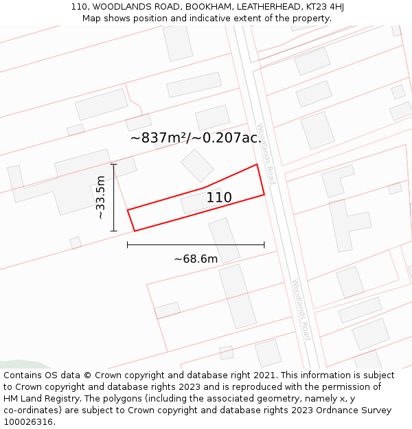 110, WOODLANDS ROAD, BOOKHAM, LEATHERHEAD, KT23 4HJ: Plot and title map