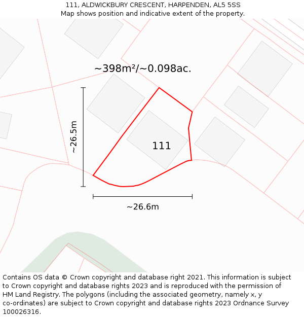 111, ALDWICKBURY CRESCENT, HARPENDEN, AL5 5SS: Plot and title map