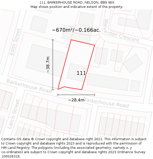 111, BARKERHOUSE ROAD, NELSON, BB9 9EX: Plot and title map