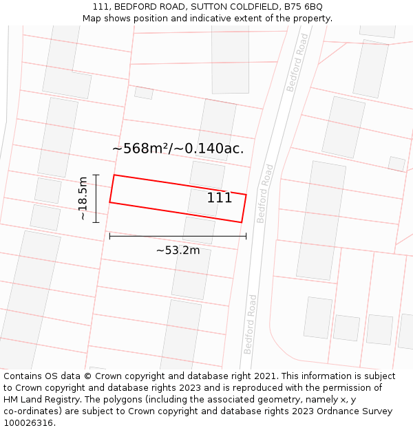111, BEDFORD ROAD, SUTTON COLDFIELD, B75 6BQ: Plot and title map