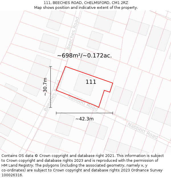 111, BEECHES ROAD, CHELMSFORD, CM1 2RZ: Plot and title map