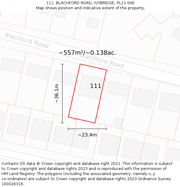 111, BLACHFORD ROAD, IVYBRIDGE, PL21 0AE: Plot and title map