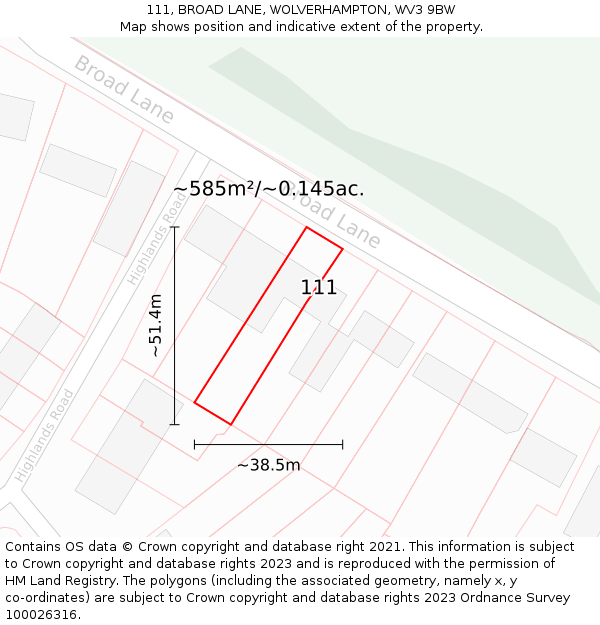 111, BROAD LANE, WOLVERHAMPTON, WV3 9BW: Plot and title map