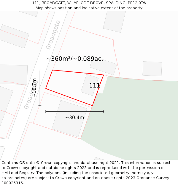 111, BROADGATE, WHAPLODE DROVE, SPALDING, PE12 0TW: Plot and title map