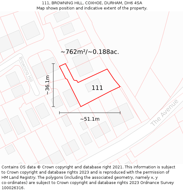 111, BROWNING HILL, COXHOE, DURHAM, DH6 4SA: Plot and title map