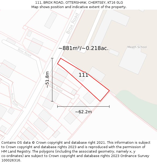 111, BROX ROAD, OTTERSHAW, CHERTSEY, KT16 0LG: Plot and title map