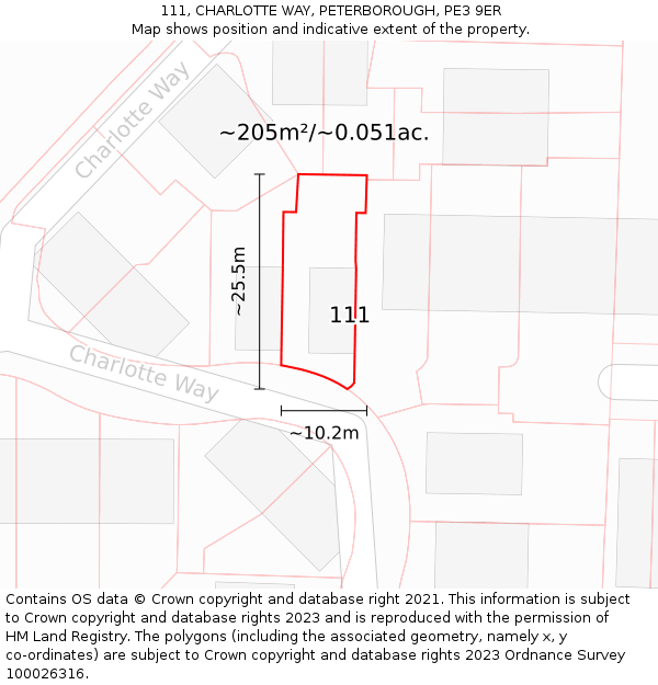 111, CHARLOTTE WAY, PETERBOROUGH, PE3 9ER: Plot and title map