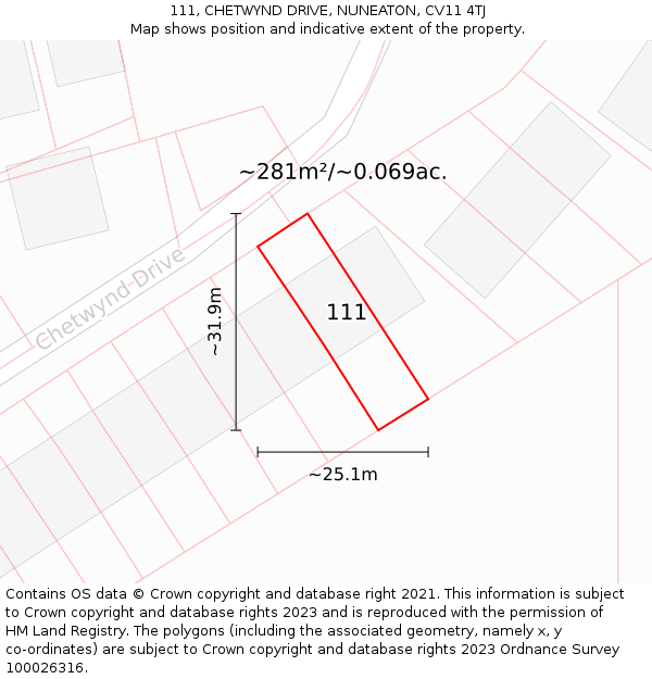 111, CHETWYND DRIVE, NUNEATON, CV11 4TJ: Plot and title map