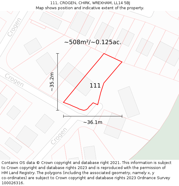 111, CROGEN, CHIRK, WREXHAM, LL14 5BJ: Plot and title map