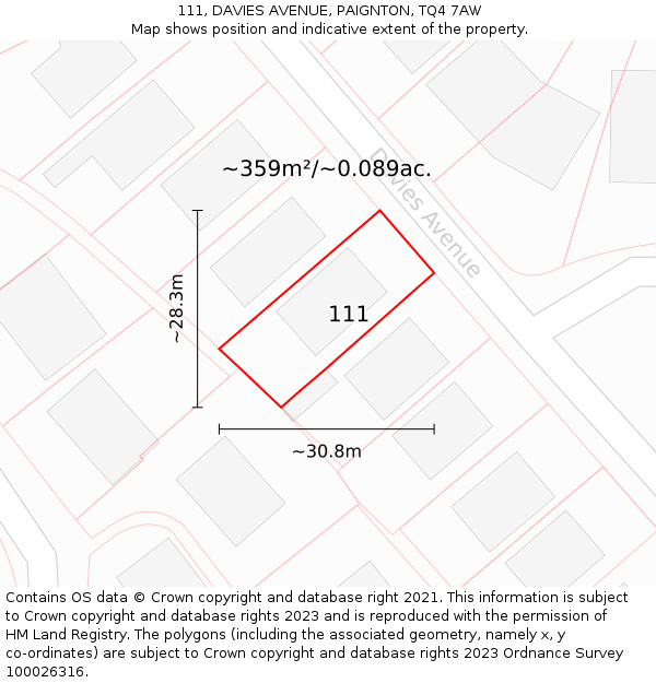 111, DAVIES AVENUE, PAIGNTON, TQ4 7AW: Plot and title map