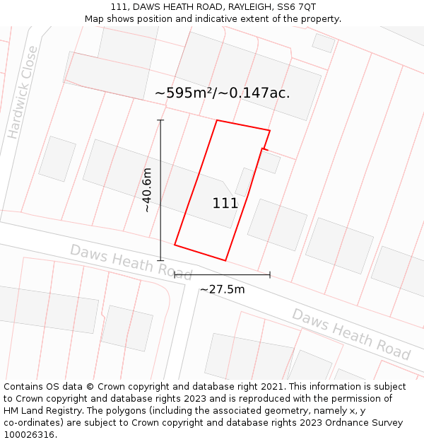 111, DAWS HEATH ROAD, RAYLEIGH, SS6 7QT: Plot and title map