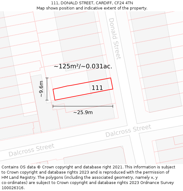 111, DONALD STREET, CARDIFF, CF24 4TN: Plot and title map