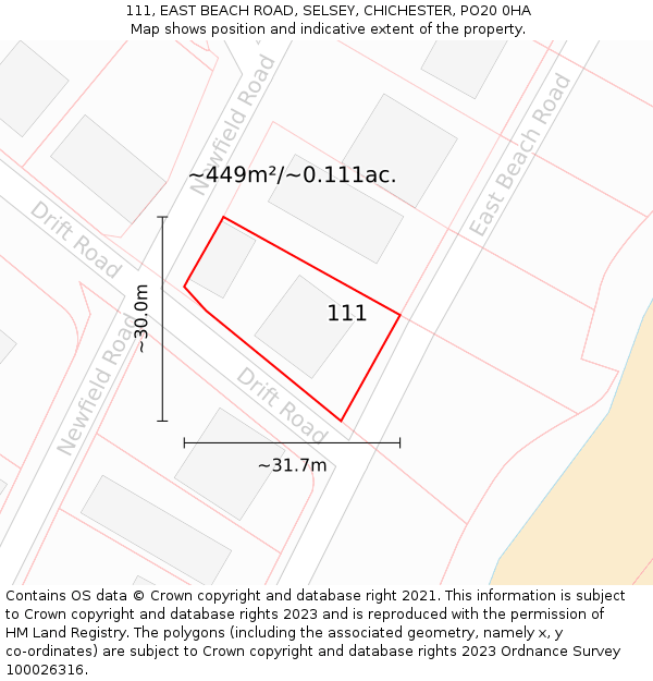 111, EAST BEACH ROAD, SELSEY, CHICHESTER, PO20 0HA: Plot and title map