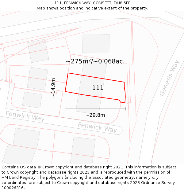111, FENWICK WAY, CONSETT, DH8 5FE: Plot and title map