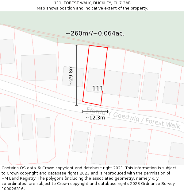 111, FOREST WALK, BUCKLEY, CH7 3AR: Plot and title map
