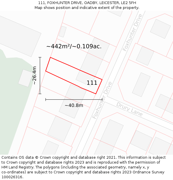 111, FOXHUNTER DRIVE, OADBY, LEICESTER, LE2 5FH: Plot and title map