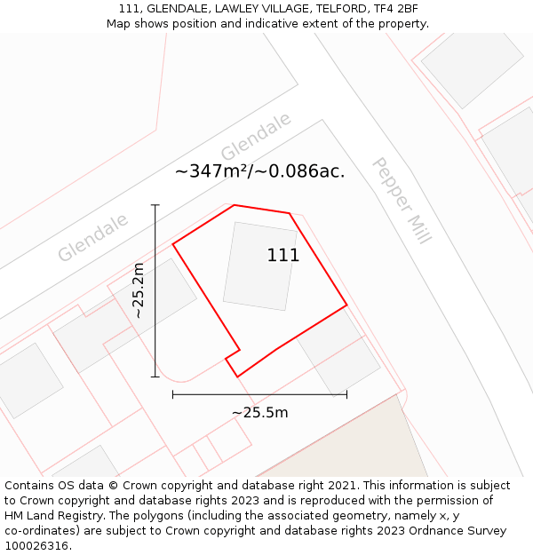 111, GLENDALE, LAWLEY VILLAGE, TELFORD, TF4 2BF: Plot and title map