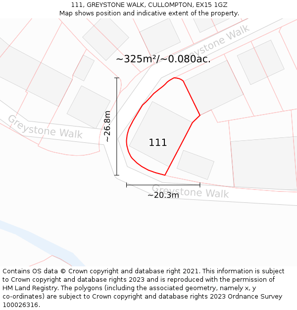 111, GREYSTONE WALK, CULLOMPTON, EX15 1GZ: Plot and title map