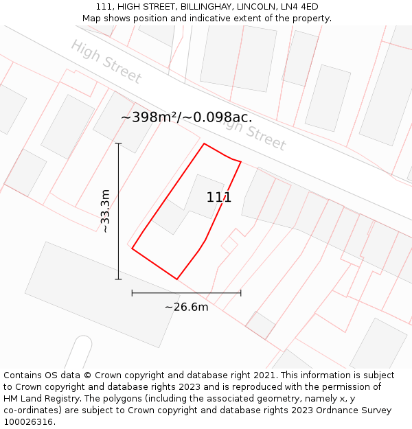 111, HIGH STREET, BILLINGHAY, LINCOLN, LN4 4ED: Plot and title map