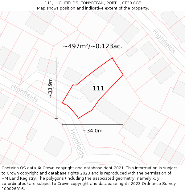 111, HIGHFIELDS, TONYREFAIL, PORTH, CF39 8GB: Plot and title map