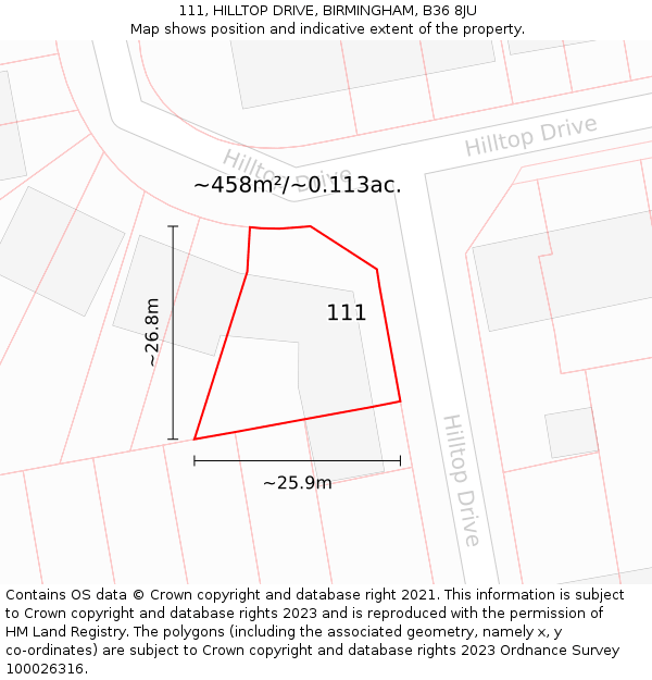 111, HILLTOP DRIVE, BIRMINGHAM, B36 8JU: Plot and title map