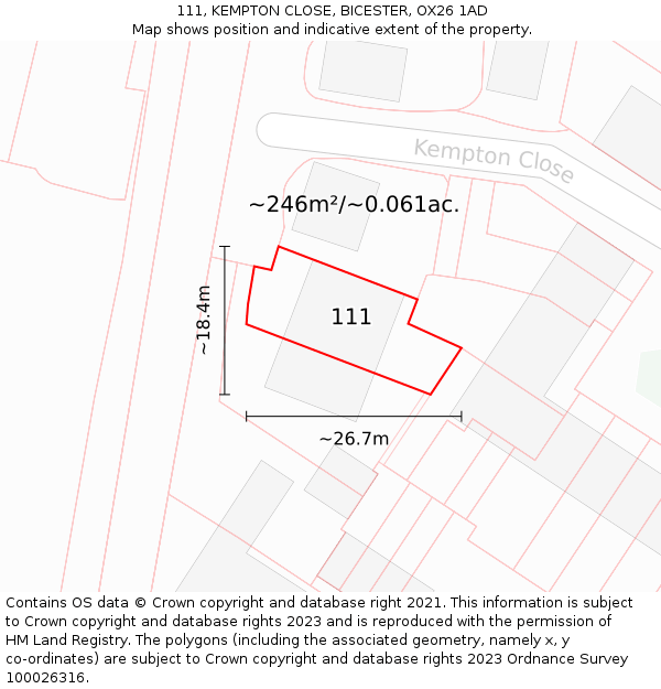 111, KEMPTON CLOSE, BICESTER, OX26 1AD: Plot and title map