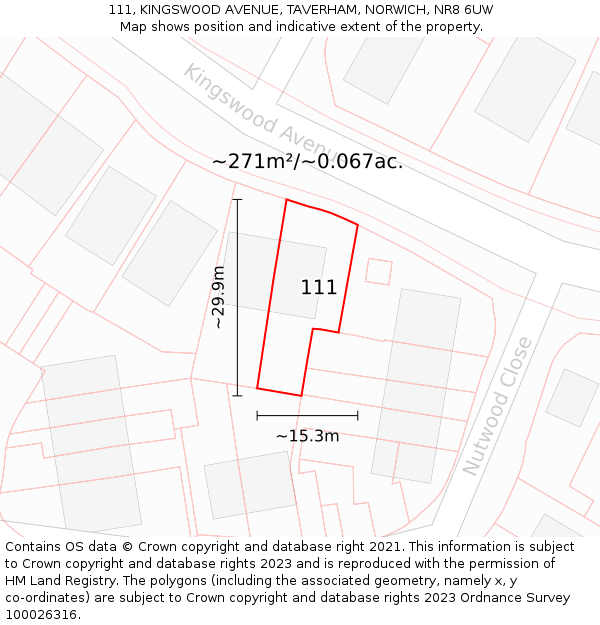 111, KINGSWOOD AVENUE, TAVERHAM, NORWICH, NR8 6UW: Plot and title map