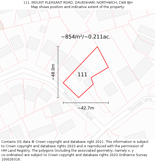111, MOUNT PLEASANT ROAD, DAVENHAM, NORTHWICH, CW9 8JH: Plot and title map