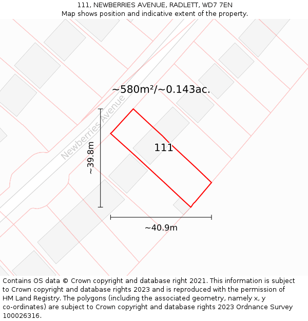 111, NEWBERRIES AVENUE, RADLETT, WD7 7EN: Plot and title map