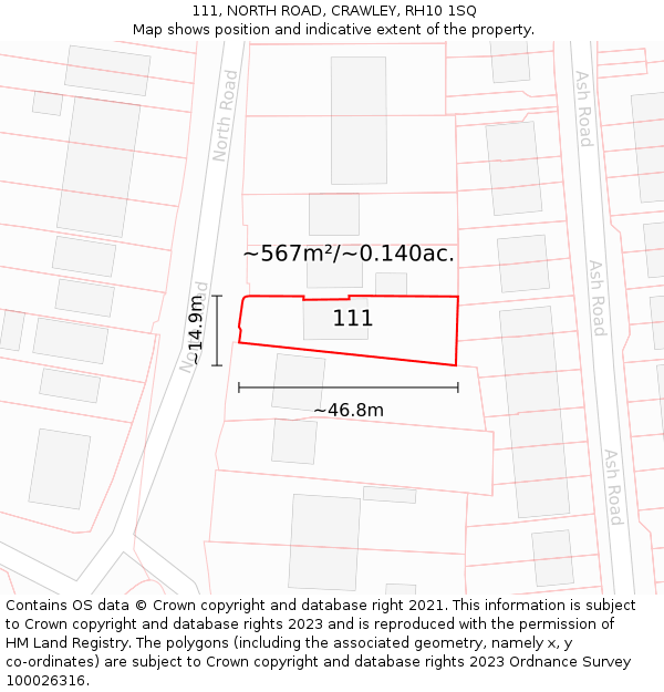 111, NORTH ROAD, CRAWLEY, RH10 1SQ: Plot and title map