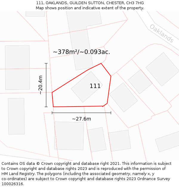 111, OAKLANDS, GUILDEN SUTTON, CHESTER, CH3 7HG: Plot and title map