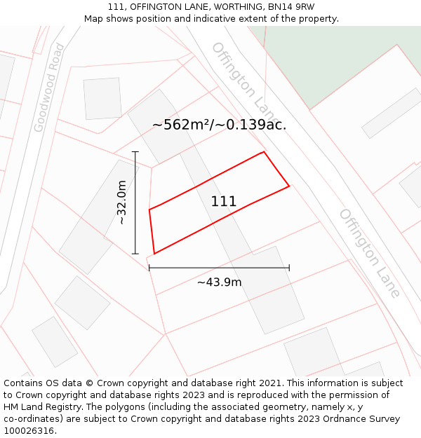 111, OFFINGTON LANE, WORTHING, BN14 9RW: Plot and title map