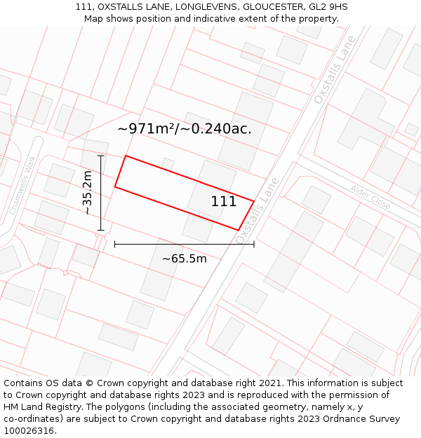 111, OXSTALLS LANE, LONGLEVENS, GLOUCESTER, GL2 9HS: Plot and title map