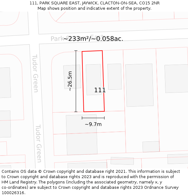 111, PARK SQUARE EAST, JAYWICK, CLACTON-ON-SEA, CO15 2NR: Plot and title map