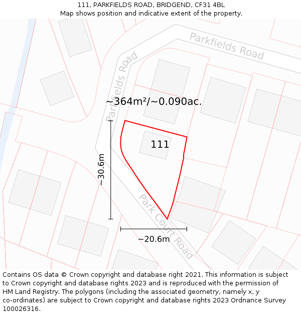 111, PARKFIELDS ROAD, BRIDGEND, CF31 4BL: Plot and title map