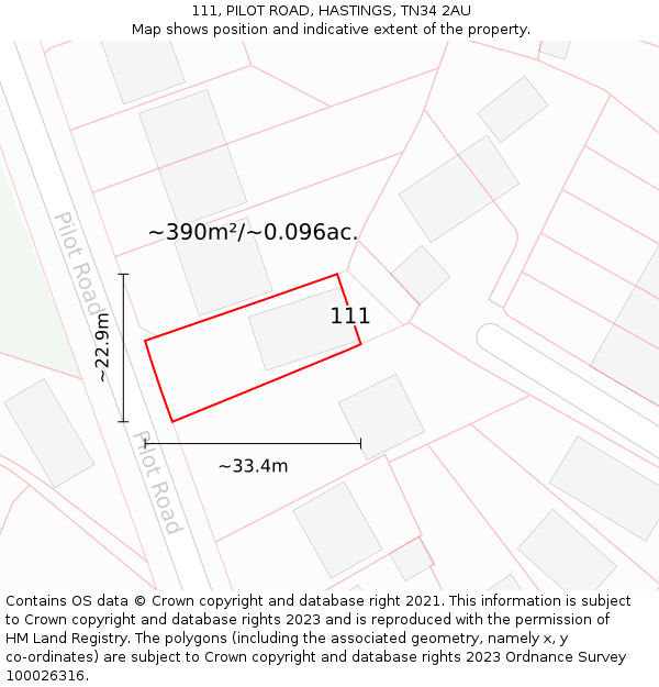 111, PILOT ROAD, HASTINGS, TN34 2AU: Plot and title map