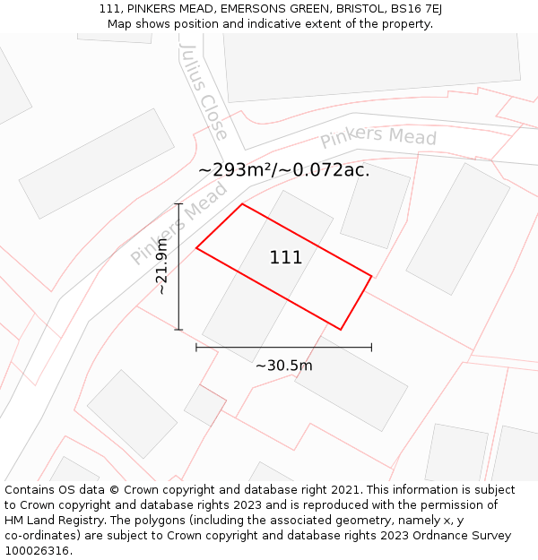 111, PINKERS MEAD, EMERSONS GREEN, BRISTOL, BS16 7EJ: Plot and title map