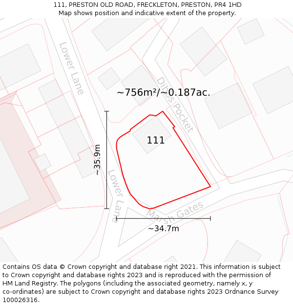 111, PRESTON OLD ROAD, FRECKLETON, PRESTON, PR4 1HD: Plot and title map