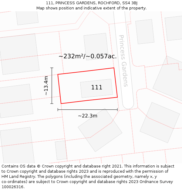 111, PRINCESS GARDENS, ROCHFORD, SS4 3BJ: Plot and title map