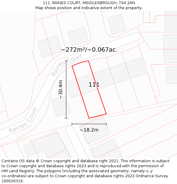 111, RAINES COURT, MIDDLESBROUGH, TS4 2AN: Plot and title map