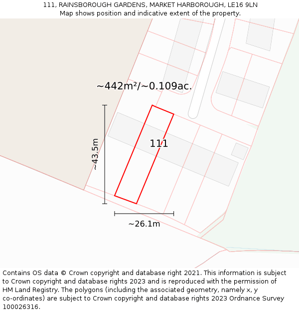 111, RAINSBOROUGH GARDENS, MARKET HARBOROUGH, LE16 9LN: Plot and title map