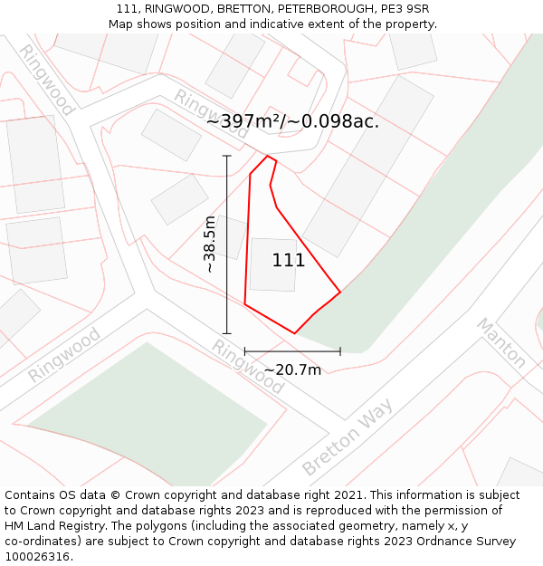 111, RINGWOOD, BRETTON, PETERBOROUGH, PE3 9SR: Plot and title map
