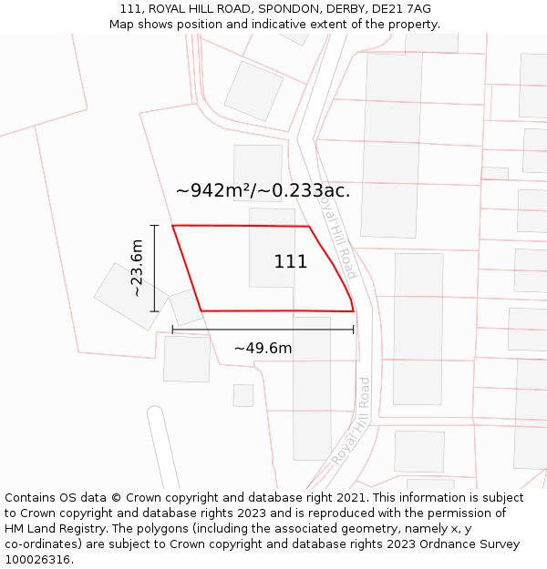 111, ROYAL HILL ROAD, SPONDON, DERBY, DE21 7AG: Plot and title map