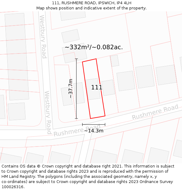 111, RUSHMERE ROAD, IPSWICH, IP4 4LH: Plot and title map