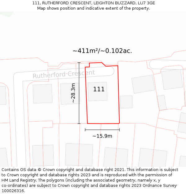 111, RUTHERFORD CRESCENT, LEIGHTON BUZZARD, LU7 3GE: Plot and title map