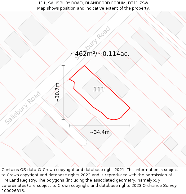 111, SALISBURY ROAD, BLANDFORD FORUM, DT11 7SW: Plot and title map