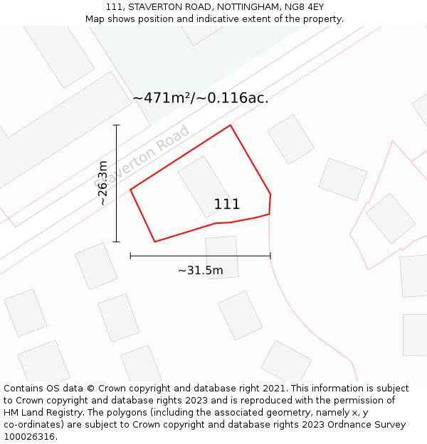 111, STAVERTON ROAD, NOTTINGHAM, NG8 4EY: Plot and title map